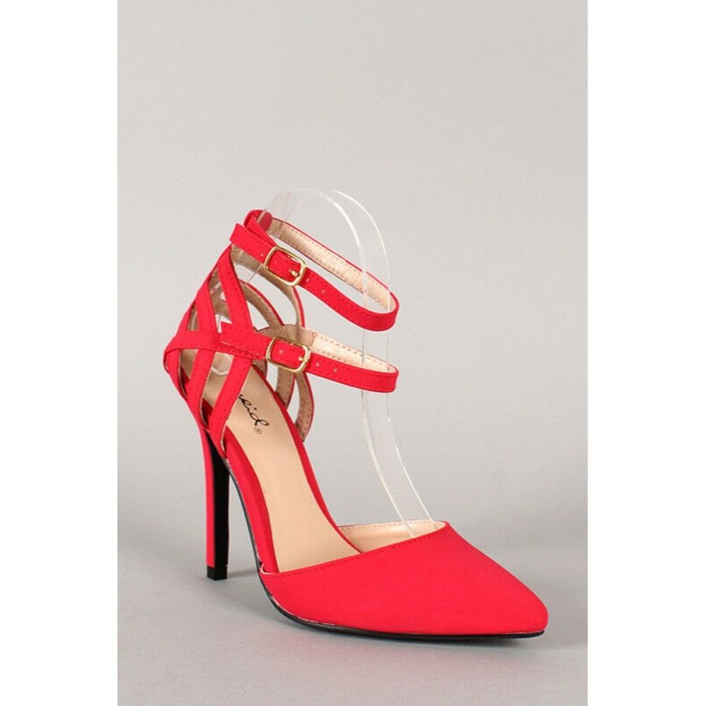 Raspberry Red Double Ankle Strap Caged Pump 8